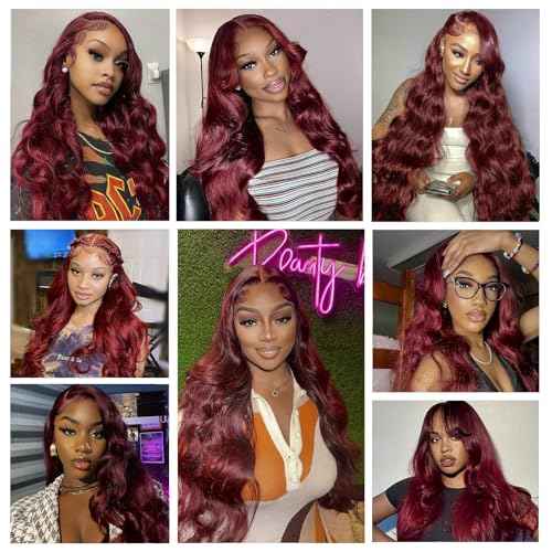 Human Hair Wig 30 Inch Lace Front Wigs Human Hair 99j Burgundy 13x6 200% Density Glueless HD Transparent Burgundy Wine Red Body Wave Wig Pre Plucked With Baby Hair