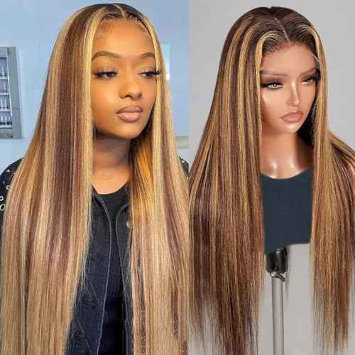 Honey Blonde Ombre Lace Front Wig Human Hair 13x6 HD Transparent Straight Lace Front Wigs Pre Plucked 200% Density 4/27 Colored Human Hair Wig for Women 24 Inch