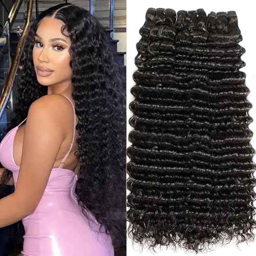 Deep Wave Bundles Human Hair 20 22 24 Inch Deep Curly Bundles 12A Grade 100% Unprocessed Brazilian Virgin Hair Wet and Wavy Bundles Double Weft Deep Weave Natural Black Color