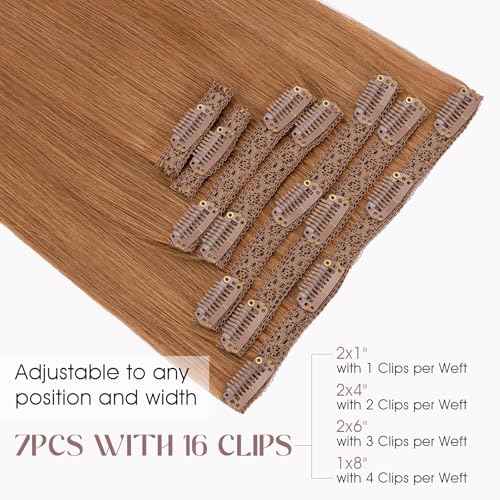 Elailite Clip in Hair Extensions Real Human Hair, Remy Hairpieces for Women, 7PCS Lace Weft Full Head, 16 Inch 110g Light Auburn