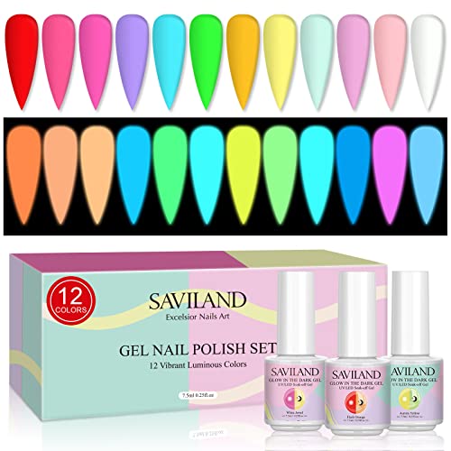 SAVILAND Glows in The Dark Gel Nail Polish Set - 12 Holiday Colors Luminous Neon Nail Gel Polish Set Soak off U V/LED Glow Effect Nail Polish for DIY Nail Art Design Holiday Gifts for Women