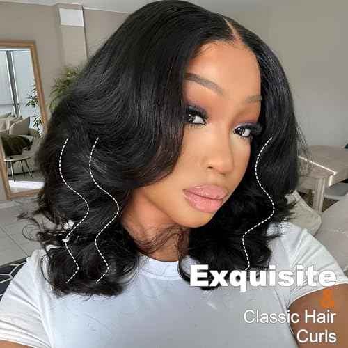 RECOOL Short Bob Wig Human Hair Glueless Short Body Wave Human Hair Wig For Black Women 5x6 HD Glueless Lace Front Wigs Pre Plucked with Baby Hair Bleached Knots Natural Black Wigs 12inch