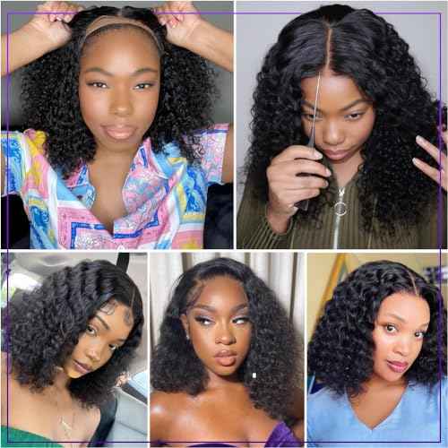 Curly BOB Wig Human Hair 200 Density 5x5 HD Lace Closure Deep Wave Wigs for Black Women Glueless Wear and Go Pre Plucked Deep Wave Wet and Wavy Glueless Wigs Human Hair Natural Black 14 Inch