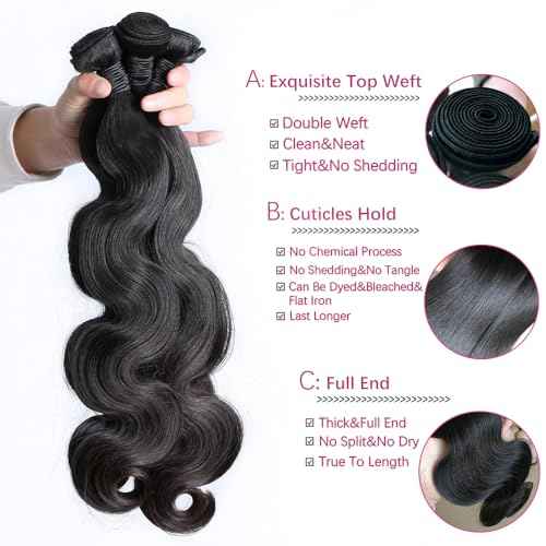 Body Wave Human Hair Bundles One-Directional Cuticles 12 14 16 Inch 3 Bundles Human Hair Weave 12A Unprocessed Brazilian Virgin Human Hair Extensions
