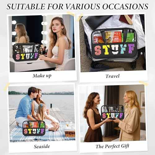 Snack Bag for Travel, Chenille Letter Clear Makeup Bag, 11.8" x 7.9" Nylon & PVC Waterproof Cosmetic Pouch with Handle and Zipper, Cute Preppy Storage Organizer Pouches for Women Girls (Stuff Black)