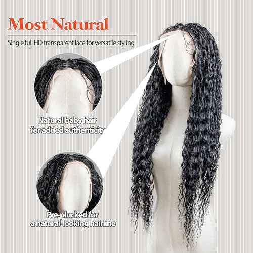 Single Full Lace Braid Wig ? Micro Boho Peruvian Deep Wave Box Braided Wig, Knotless Braided Wigs for Black Women, Curly Hair Wig, with Natural Baby Hair (#1 Jet Black, 32")