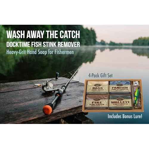 Fishermen¡¯s 4 Pack Soap Gift Set ? Great Smelling Heavy Grit Hand and Body Soap for Fishermen & Boaters ? Includes Topwater Fishing Lure & Sleeve ? Unique Fishing Gift for Men Who Love to Fish