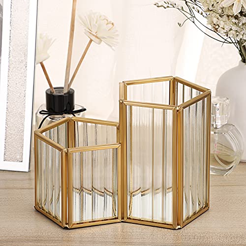 ELLDOO Glass Mirrored Makeup Brush Holder, Pen Cup Holder Pencil Holder for Office Desk, Gold Cosmetic Brush Eye Liners Storage Holder Dresser Vanity Organizer Holder for Women Girls, 2 Slots