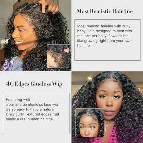 4C Edges Glueless Wigs Kinky Curly Human Hair Pre Plucked Pre Cut 6x4 HD Lace Front Wear and Go Glueless Wig with Kinky Edges 180% Density 18 inch