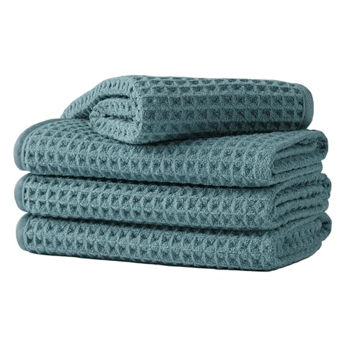 Microfiber Waffle Face Towels, 4 Pieces, Soft, Absorbent, Fast Drying, Lint Free (Green)