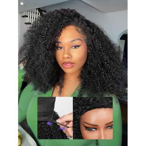 Kinky Curly Half Wig Human Hair 200% Density Wear Go Glueless Wigs Human Hair 3 In 1 Drawstring Seamless Flip Over Wig for Women Daily Wear Headband Wig Beginner Friendly Black (20inch)