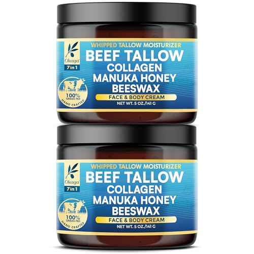 Organic Beef Tallow for Skin, Organic Grass-Fed Beef Tallow Balm with Manuka Honey, Aloe Vera, Jojoba Oil, Collagen & Beeswax, Olive Oil, Moisturizer for Dry Skin, Nourishes Face, Body & Lips (2 Pack)