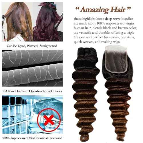 10A Human Hair Bundles With Closure Ombr? Loose deep Wave Bundles (T1B/2/4,14 16 18+14) Ombre Brazilian Raw Human Hair Virgin Remy Loose Wave Hair 3 Tone Black to Brown