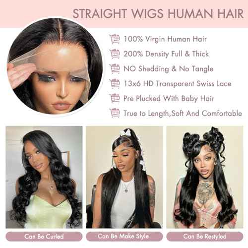 13x6 Straight Lace Front Wigs Human Hair Pre Plucked 200 Density HD Transparent Lace Frontal Wigs for Women Glueless Wigs Human Hair Natural Color 26 Inch
