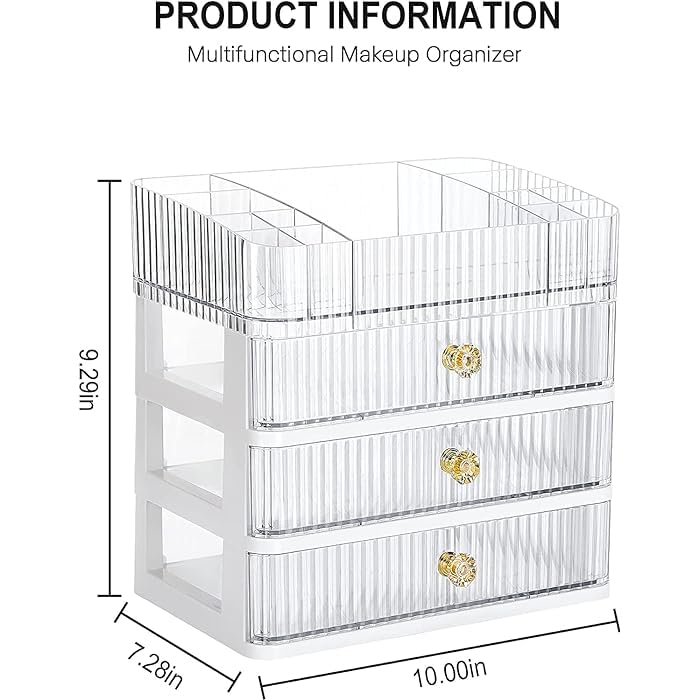Kroshine Makeup Organizer with 3 Drawers, Countertop Organizer for Cosmetics, Desk Storage Holder for Lipstick, Brushes, Eyeshadow, Nail Polish and Jewelry (Large Capacity, Clear)