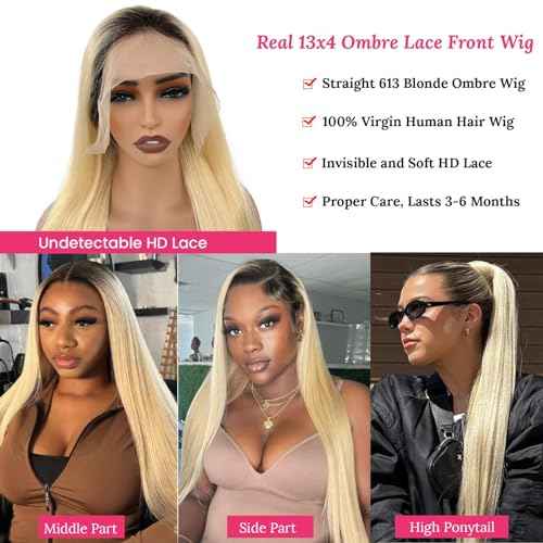 Licoville Ombre Blonde Lace Front Wig Human Hair, 1B/613 13x4 Lace Front Wig Human Hair Pre Plucked, 22 Inch Blonde Dark Roots Wig Human Hair HD Lace Straight Glueless