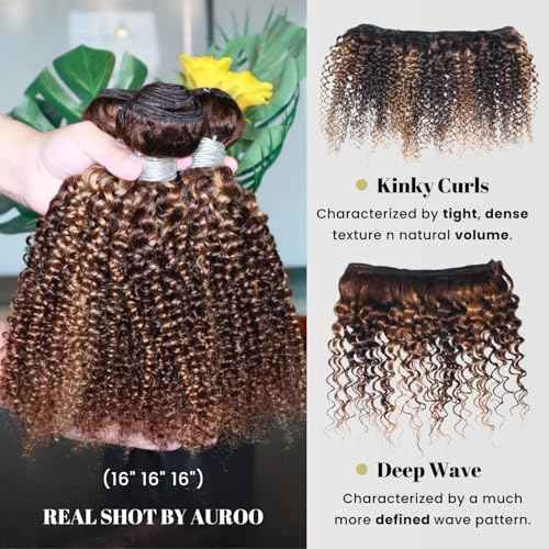 Thick Tracks Honey Blonde Highlight Tight Kinky Curly Human Hair 3 Bundles, 100% 12A Virgin Remy Brazilian Curly Bundles Human Hair #P4/27 Ombre Brown Colored Brazilian Weaves Sew In 14 16 18 In