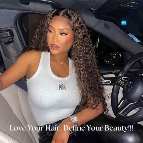 F1B30 Highlight 5x5 HD Lace Closure Water Wave Human Hair (16 Inch, Free Part), Invisible Transparent Wet n Wavy Black With Brown Colored Curly Closure 100% Remy Hair