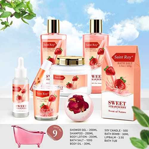 Spa Kit for Women, Bath & Body Gift Set, Luxury Home Spa Bath Gift Basket, Strawberry Scented Bath Set Christmas Gifts for Women with Shea Butter Lotion, Pamper Gifts for Girls & Teens, Birthday Gift