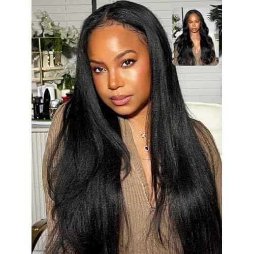 Beauty Forever EasiContour V Part Wigs Human Hair Yaki Straight Upgrade U Part Wigs Glueless Full Head Clip In Half Wig V Shape Drawstring Wigs No Leave Out Natural Color 150% Density 18inch
