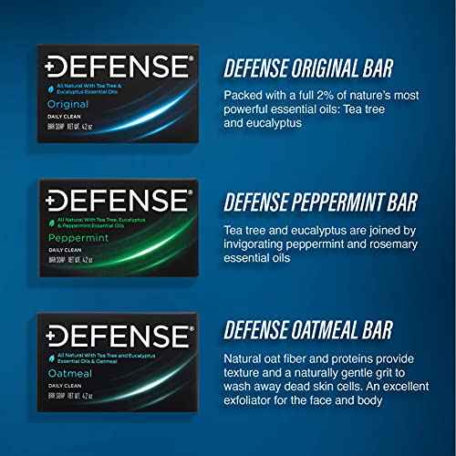 Defense Soap Variety Gift Set | Tea Tree, Peppermint, Oatmeal All Natural Bar Soap, Organic Travel Body Wash, Individual Body Wipes