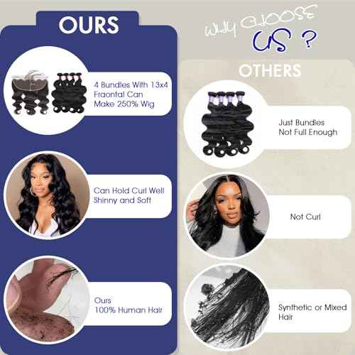 12A Human Hair Bundles with Closure Frontal (18 20 22 24 &16 Frontal) Body Wave 4 Bundles Human Hair with 13x4 HD Lace Frontal - Brazilian Quick Weave Hair Extension Real Human Hair for Daily Use