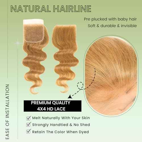 ALHER 12A Honey Blonde Body Wave Human Hair Bundles with Closure, Color #27 Sun-kissed Vibe Golden Blonde Wavy HD Transparent 4x4 Closure with 3 Bundles Soft Thick Sew In Weave Wavy 10 12 14+10