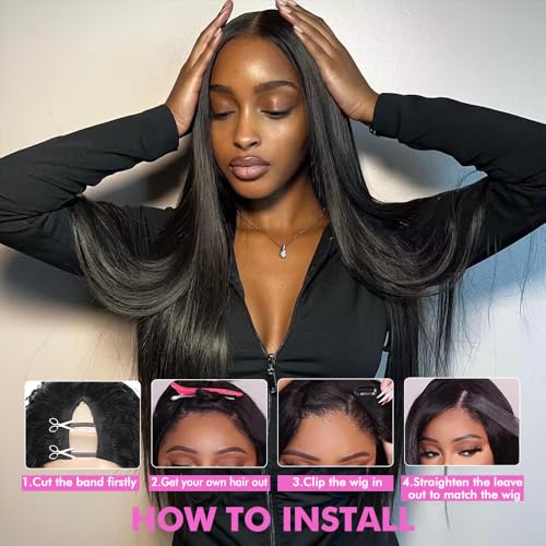 CHEETAHBEAUTY V Part Wigs Human Hair Straight V Shape Wigs for Black Women Upgrade U Part Wigs No Leave Out No Sew In No Glue Clip in Half Wigs 180% Density Natural Black 10Inch