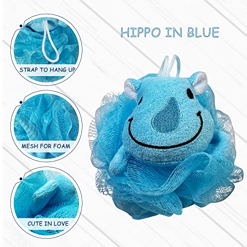 (4 Pack) Lovely Animal Design Kids Exfoliating Bath Scrubber Body Scrubber Shower Ball for Baby Toddler Kids Gentle Exfoliating Bath Sponge Loofah Pouf in Colorful Design (Joyful TERRICOLE)