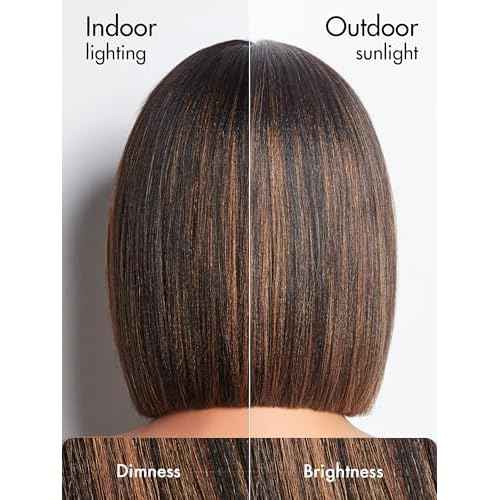 LUVME HAIR 10 Inch Yaki Straight Bob Wig with Bangs Human Hair Glueless HD Lace Bob Wig with Brown Highlights, Ready to Go Short Wigs For Women 180 Density (Breathable Cap)