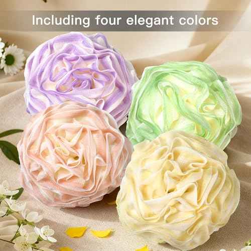 Large Bath Sponge Pouf 70g, 6.3 Inch Exfoliating Shower Loofah, Soft Durable PE Mesh with Reinforced Knotting, Rich Lather Body Wash Scrubber, 4-Pack Elegant Colors Gift Set£¨B-4Pcak£©