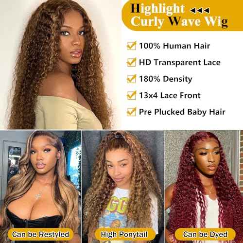 Honey Blonde Curly Wig Human Hair 13x4 HD Highlight Ombre 4/27 Deep Wave Lace Front Wigs Human Hair Pre Plucked 180% Density Glueless Colored Wigs for Women Wet and Wavy Lace Front Wigs 26 Inch