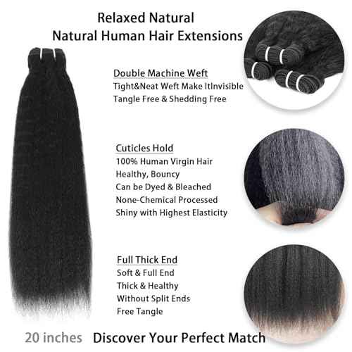 Kinkystraight Human Hair Bundles 3 Bundles 12A 100% Unprocessed Brazilian Virgin Hair Kinky Curly Bundles Human Hair Extensions for Women Quick Weave Yaki Straight Bundles (20 22 24 inch)