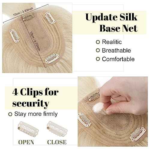 SEGO Hair Toppers for Women With Bangs Real Human Hair, 130% Density 10 * 12CM Silk Base Clip in Top Wiglet Hairpieces for Thinning Hair-12 Inch 60 Platinum Blonde