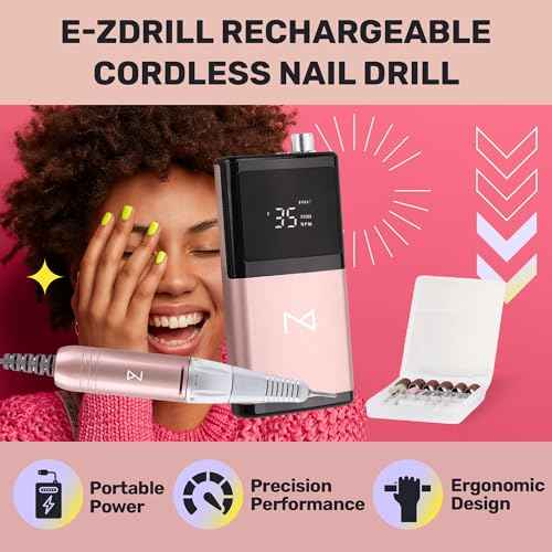M - E-ZDrill Rechargeable Electric Nail Drill, 35k RPM, Smart Speed & Battery LCD, Portable Lightweight, Forward/Reverse, Aluminum Metal, Acetone Resistant Nail Drill (Rose Gold)
