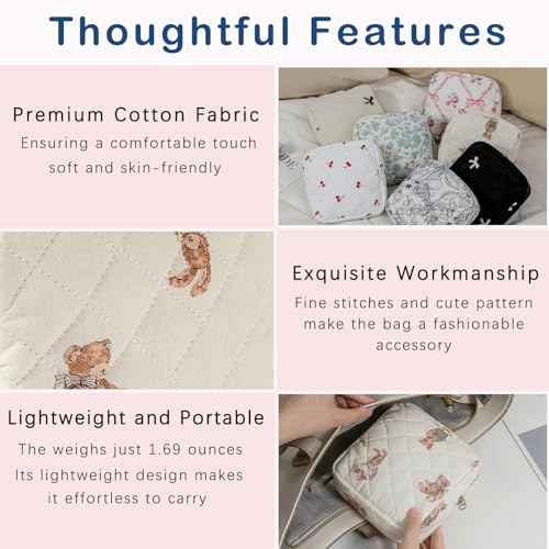 Small Quilted Cotton Makeup Bag for Purse, Cosmetic Bag with Compartments, Cotton Aesthetic Makeup Bag, Travel Toiletry Pouch, Key Pocket Lipstick Bag Card Holder Data Cable Organizer£¨01White Bear£©