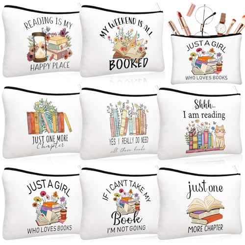 8 Pcs Book Club Gifts Book Lovers Makeup Bag Gifts for Women Cosmetic Bag with Zipper Pouch for Teen Adult Women Lovers Librarian Bookish Club Gifts(Book,Flower)
