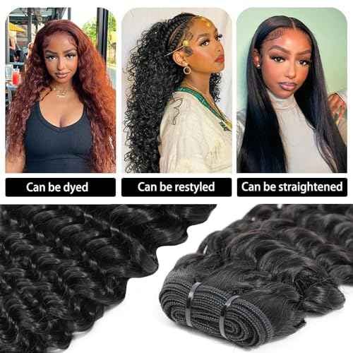 Deep Wave Bundles Human Hair 20 22 24 Inch Deep Curly Bundles 12A Grade 100% Unprocessed Brazilian Virgin Hair Wet and Wavy Bundles Double Weft Deep Weave Natural Black Color