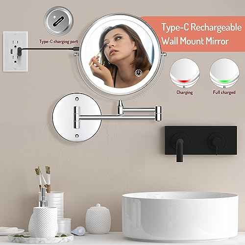 Rocollos Rechargeable Wall Mounted Lighted Makeup Mirror, 8 Inch Double-Sided LED Vanity Mirror 1X/7X Magnification,3 Color Lights Touch Screen Dimmable 360¡ÆSwivel 13 Inch Extendable
