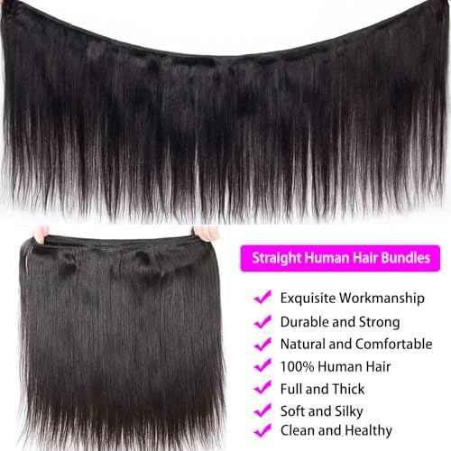Human Hair Bundles Straight Bundles 26 28 30 Inch 12A Brazilian Virgin Weave Hair Bundles 100% Unprocessed Human Hair 3 Bundles 1B Natural Black Color Bundles Hair Extensions for Black Women