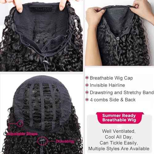 BLG Burmese Curly Half Wig Human Hair 300% Density 3 In 1 Human Hair Half Wigs for Women 16 Inch Curly Seamless Wear and Go Glueless Drawstring Wig Natural Color Quick Install Beginners Friendly Wigs