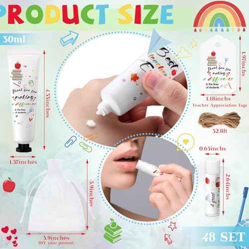 48 Set Appreciation Teacher Gifts Bulk Lip Balm Hand Cream Thank You Gift with Cards Organza Bags Travel Size Moisturizing Hand Lotion for Back to School Appreciation Teacher Gifts