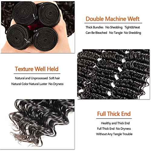 Brazilian Deep Wave Lace Frontal with Bundles Virgin Human Hair Deep Curly Bundles Ear to Ear Lace Frontal with Bundles100% Unprocessed Human Hair Extensions Natural Color(20 22 24+18)