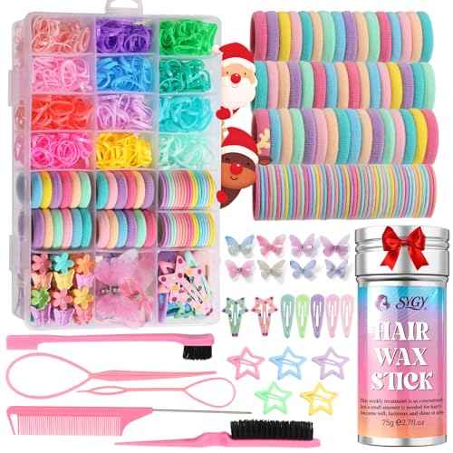 Hair Accessories for Girls, 1350P Colorful Hair Ties with 44P Hair Clips, Glitter Butterfly Hair Clips, Hair Wax Stick, Butterfly Hair Claws, Hair Barrettes with Comb Set&Organizer Box, Christmas Gift