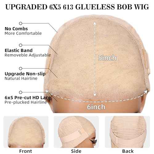 613 Bob Wig Human Hair Wear and Go Glueless Wigs 6x5 Pre Cut 210% Density 613 Blonde Lace Front Wig Human Hair 613 Closure Bob Wig Real Pre Bleached Tiny Knots£¨14inch,613 Glueless bob£©