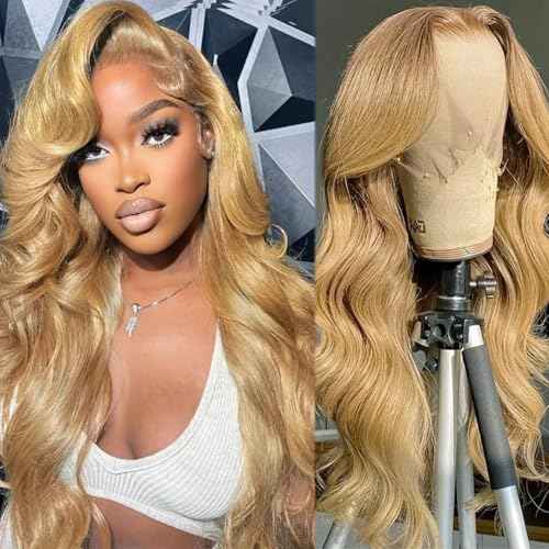 Honey Blonde Lace Front Wig Human Hair Body Wave 13x4 HD Lace Frontal Wigs Pre Plucked 180% Density Colored Honey Blonde Human Hair Lace Front Wigs for Black Women 13x4 Real Remy Hair Lace Wig 20 Inch