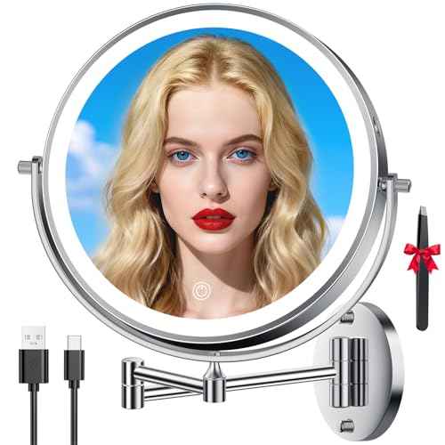 10'' 30X/1X Wall Mounted Lighted Makeup Mirror, 5000mAh Rechargeable Double-Sided Magnifying Mirror with Light, LED Vanity Mirror Touch Dimmable 3 Colors 360¡Æ Rotation Extended Foldable Arm, Chrome