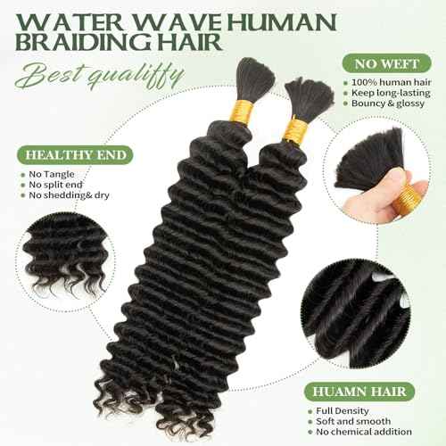 Water Wave Braiding Hair 20 Inch 2 Bundles No Weft, Brazilian Virgin Hair for Boho Braids Curly Human Hair Extensions Natural Black (20In,1B)