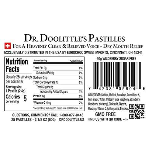 Dr. Doolittle¡¯s Sugar Free Soft Fruit Pastilles for Voice and Throat, Wild Berries Flavor, 2.12 Ounce Tin, Approximately 25 Count Package, 6 Pack