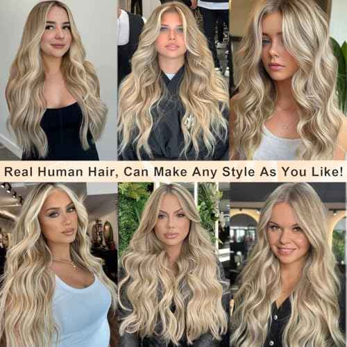 Highlight 13x4 HD Lace Front Wig Human Hair 22 Inch Balayage Ash Brown to Beige Blonde to Platinum Blonde Human Hair Lace Frontal Wig for White Women Glueless Wigs 180% Density Colored Remy Hair Wigs